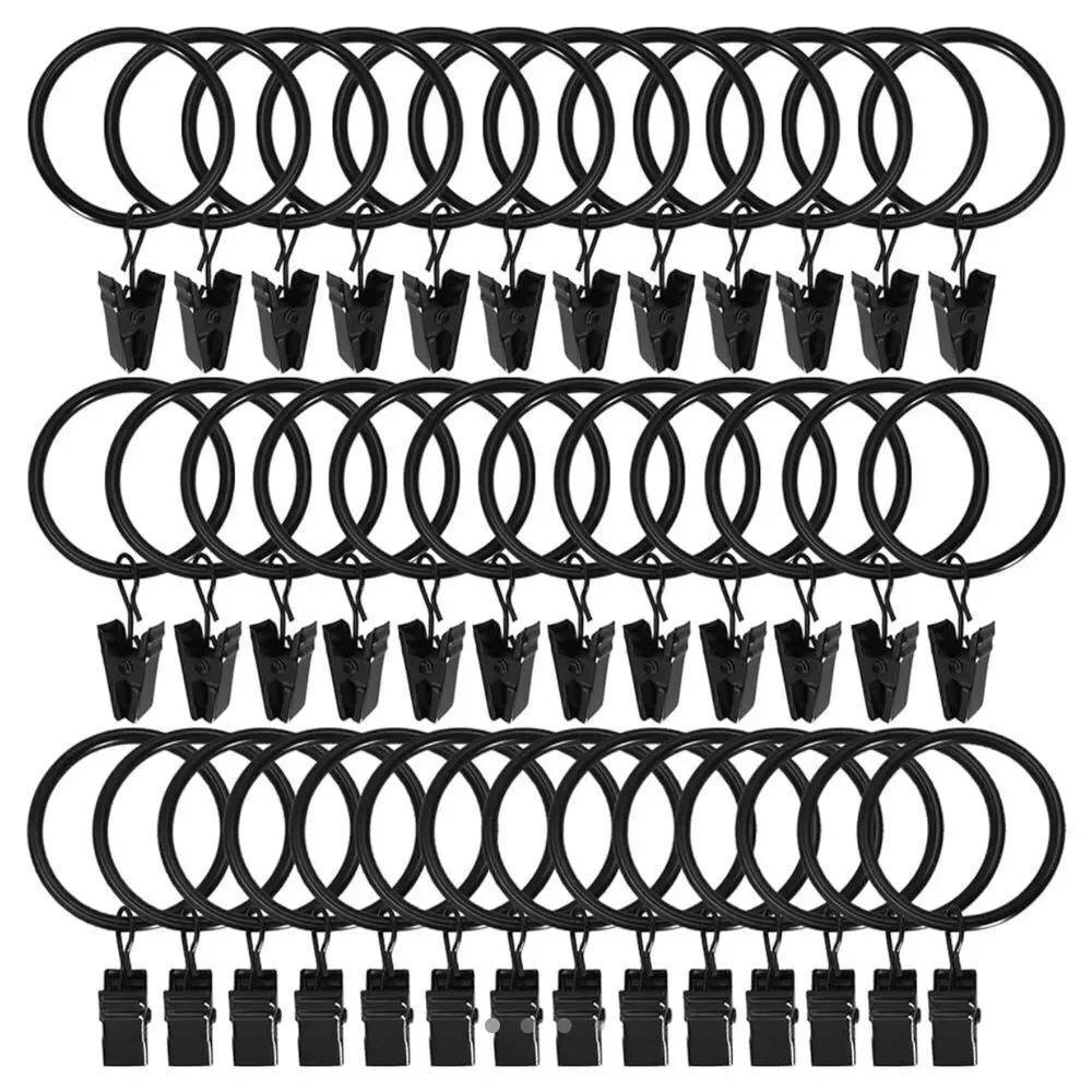 24 Pack Black Curtain Rings with Clips, Curtain Hooks Hangers Clip Rings‎